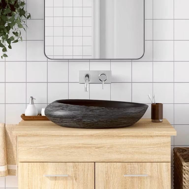 Lavabo da appoggio ovale vidaXL in ceramica, Grigio e Nero, L 59 cm x P 40 cm x H 14 cm