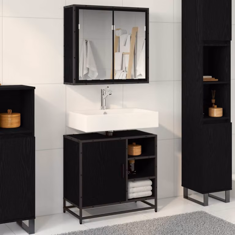 Set di mobili per il bagno vidaXL 2 pezzi in rovere e nero con mobile lavabo e armadietto specchio L/P/H: 65 x 33 x 60 cm