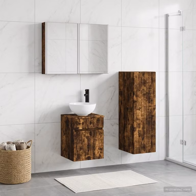 Set di mobili da bagno moderno vidaXL in legno e vetro marrone con armadietto a specchio, pensile e mobile sottolavabo con illuminazione LED