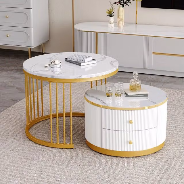 Set di 2 Tavolini da Caffè Minimal Rotondi Impilabili con 2 Cassetti, Bianco Effetto Marmo Lucido, L/P/H: 60 x 60 x 45.5 cm e 50 x 50 x 32 cm