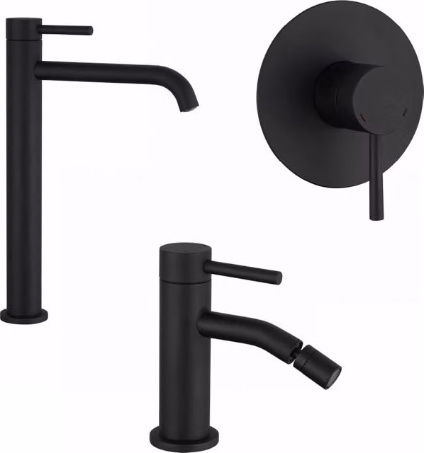 Set di miscelatori Bette in ottone nero opaco: lavabo alto, bidet senza scarico e incasso doccia monocomando con tecnologia water saving