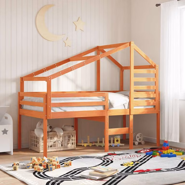 vidaXL Letto a Soppalco per Bambini in Legno Massello di Pino con Tetto a Casa, Colore Marrone, L/P/H: 195.5 x 80.5 x 89.0 cm