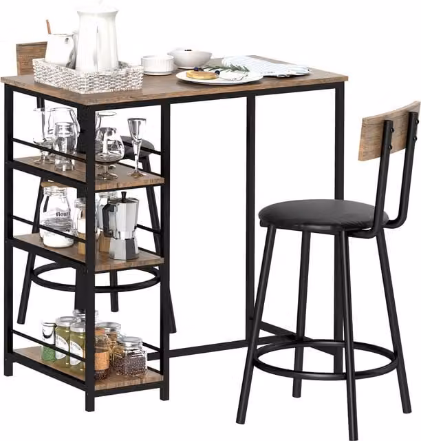 Set da bar HOMCOM composto da tavolo rettangolare e 2 sedie con mensole laterali in stile industriale, realizzato in MDF e metallo, colore nero e marrone