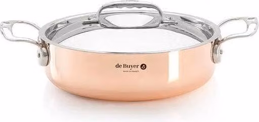 Casseruola bassa De Buyer Prima Matera in rame e acciaio inox con coperchio, diametro 28 cm, colore rame