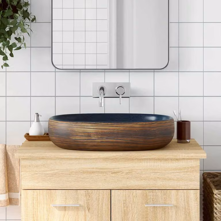 Lavabo da appoggio ovale vidaXL in ceramica, marrone e blu, L: 59 cm, P: 40 cm, H: 14 cm