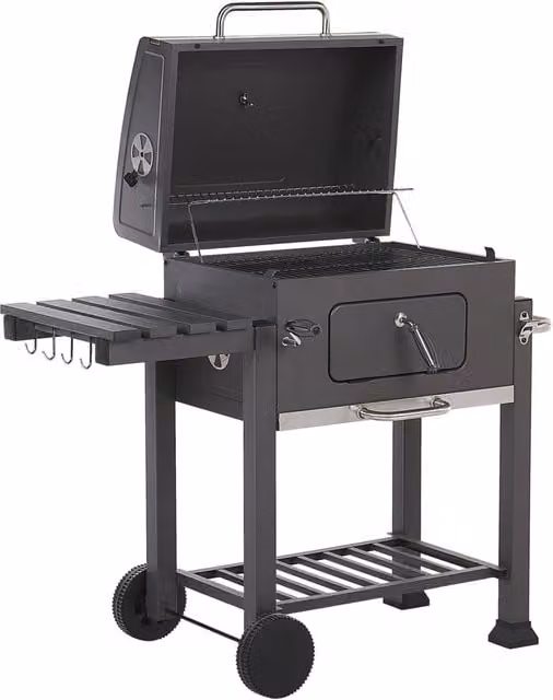 Barbecue a carbonella BELIANI in acciaio antracite con ruote, termometro e ripiano riscaldante