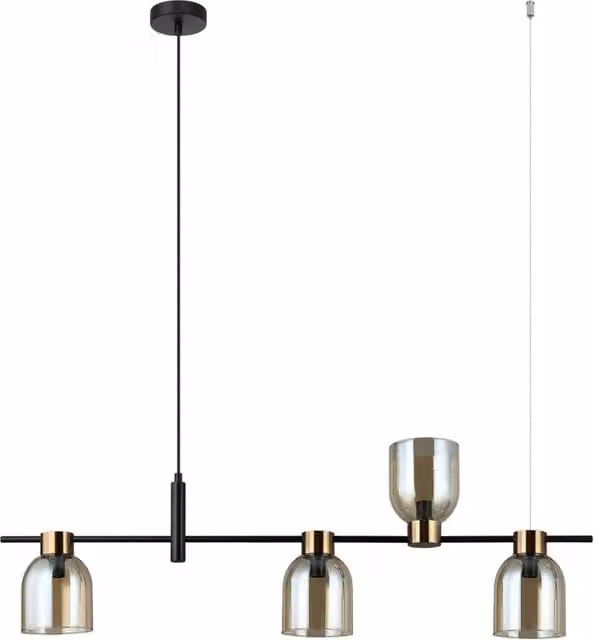 Lampada a sospensione Servio Italux nera con vetro ambra trasparente, design moderno asimmetrico, 4xE14