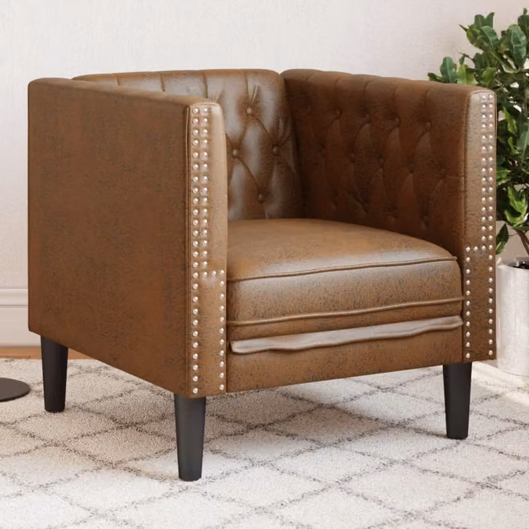 Poltrona Chesterfield vidaXL in similpelle marrone con braccioli e struttura in legno e plastica