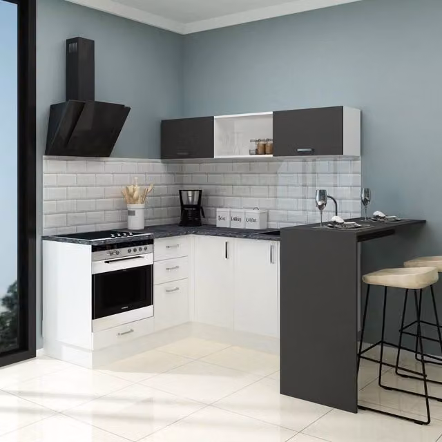 Cucina angolare moderna Matera con penisola reversibile bianca e nera L: 180 cm, P: 160 cm