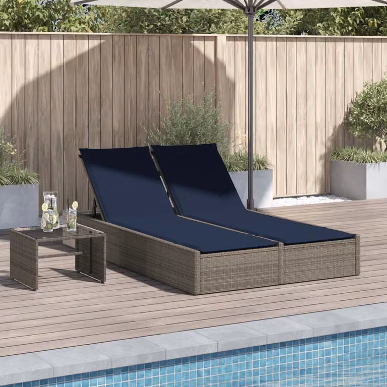 vidaXL Lettino prendisole doppio in polyrattan grigio con cuscini blu regolabili