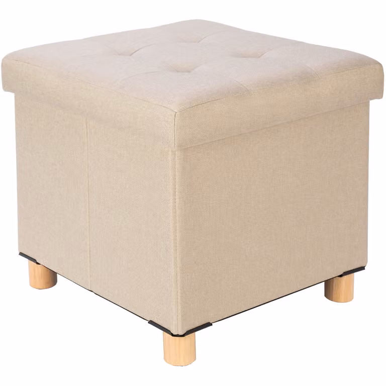 VESTIAMO CASA Pouf Contenitore Richiudibile Beige con Piedi in Legno H 34 x L 38 x P 38 cm