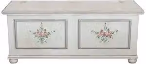 Cassapanca in legno KIVIO stile shabby chic bianco anticato con decorazioni floreali e dettagli argento