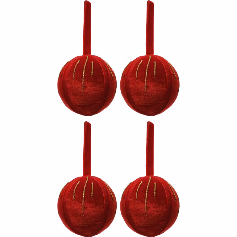 VESTIAMO CASA Set di 4 Palline di Natale Decorative Rosse e Oro in Velluto, Diametro: 10 cm