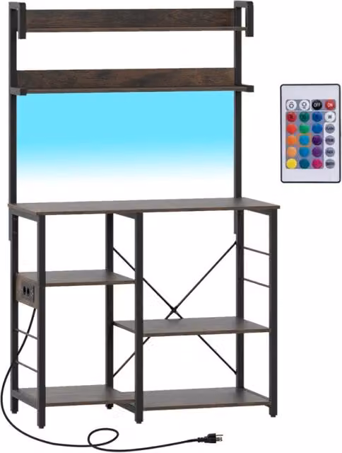 Scaffale da cucina Design Mania con 5 ripiani, supporto per microonde in metallo con luci LED integrate e presa di corrente, stile industriale, Colore: nero/marrone, H: 147 cm, L: 90 cm, P: 40,5 cm