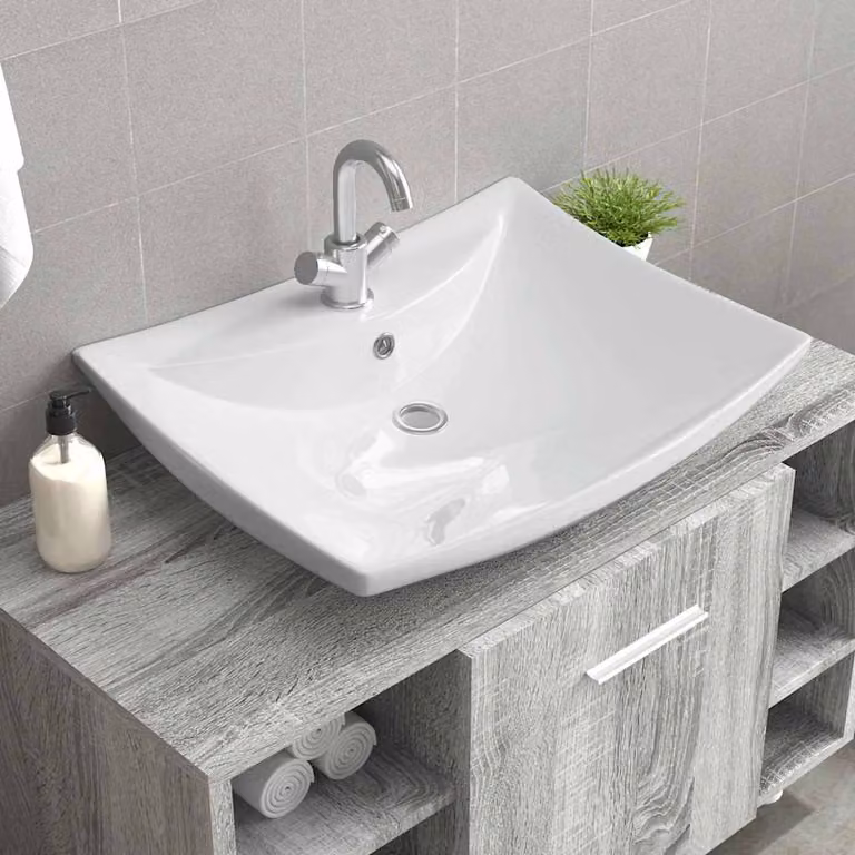 Lavabo da appoggio rettangolare in ceramica bianca vidaXL con foro di trabocco e foro rubinetto L: 60 cm, P: 44 cm, H: 17 cm