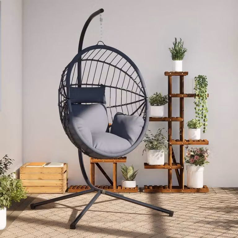 Sedia Uovo Sospesa con Supporto vidaXL in Polyrattan e Acciaio Grigio Antracite con Cuscini inclusi