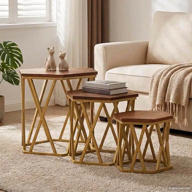Tavolino da salotto moderno vidaXL in legno di mango e metallo, Marrone e Oro, L/P/H: 55 x 55 x 50 cm