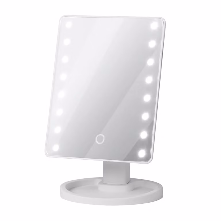 Specchio Luminoso da Tavolo Dictrolux con 16 LED, Touch Dimmerabile, Bianco, H 24 cm x L 21,5 cm x P 11,5 cm