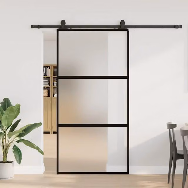 Porta Scorrevole Moderna Gogarden in Alluminio e Vetro Temperato, Colore Nero, L: 102,5 cm, H: 205 cm