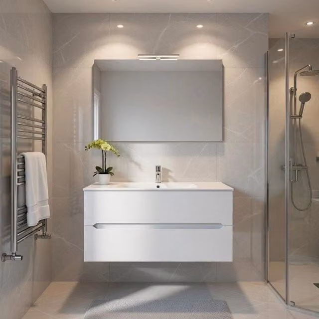 Composizione mobile bagno sospeso con cassetti e specchio mod. TALIA di Taco, Bianco Lucido, L: 120 cm, P: 45 cm, H: 46 cm