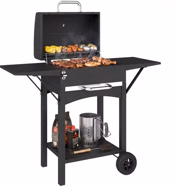 Barbecue a carbone Xylo nero con termometro, griglia riscaldante e ruote, L: 110 cm, P: 46.5 cm, H: 101 cm