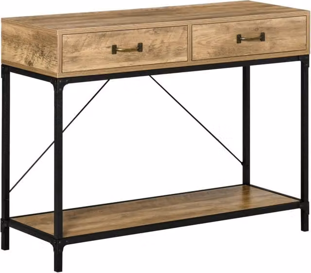 Tavolo consolle da ingresso stile industriale XYLO con 2 cassetti in legno effetto naturale e metallo, L: 100 cm, P: 35 cm, H: 76 cm