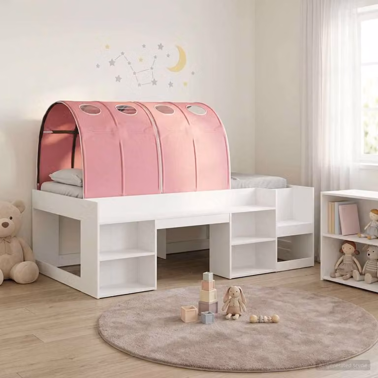 Letto alto singolo per bambini vidaXL con contenitori laterali Bianco e Rosa L: 203 cm, P: 120 cm, H: 118,5 cm