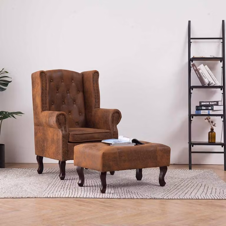 vidaXL Poltrona Chesterfield con Poggiapiedi in Ecopelle Marrone e Struttura in Legno Massello