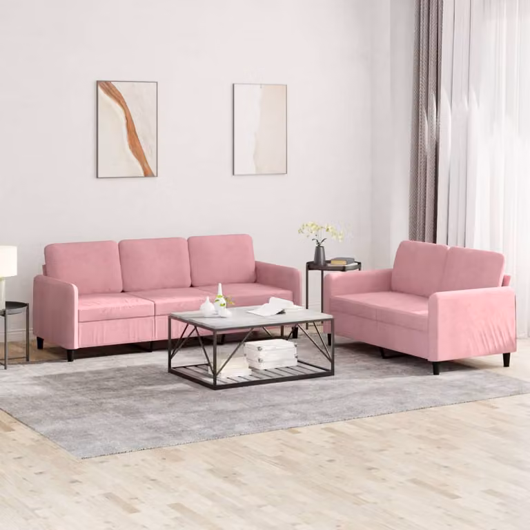 Set di divani vidaXL in velluto rosa composto da un divano a 2 posti e un divano a 3 posti con braccioli e cuscini inclusi