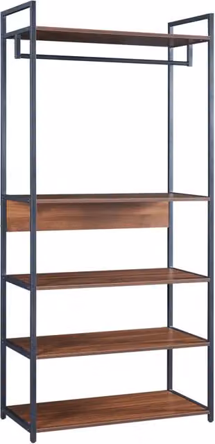 Appendiabiti guardaroba aperto con 4 ripiani in stile industriale, effetto noce e nero, L: 84 cm, H: 180 cm, P: 40 cm