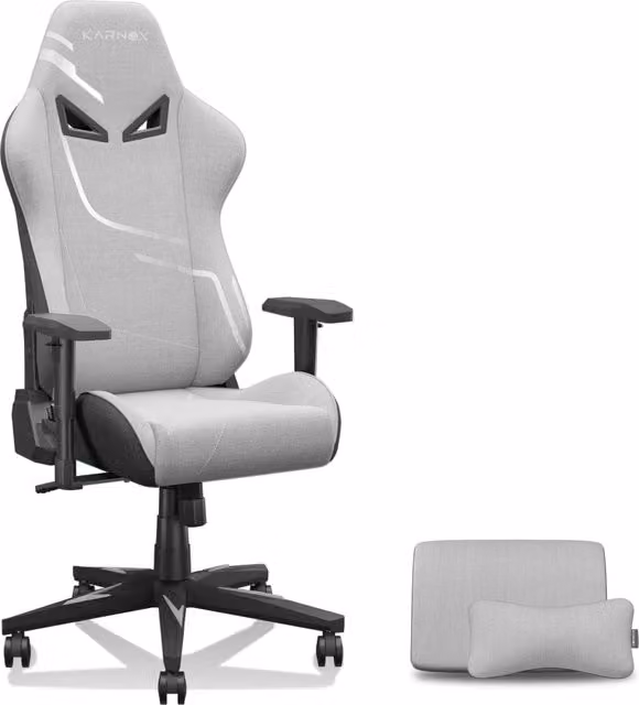 Sedia da gaming Karnox ergonomica in tessuto grigio per adulti con schienale alto, poggiatesta e base girevole a 360 gradi