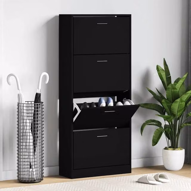 Scarpiera moderna vidaXL nera con scomparti basculanti e ripiani interni, L: 63 cm, P: 24 cm, H: 147 cm