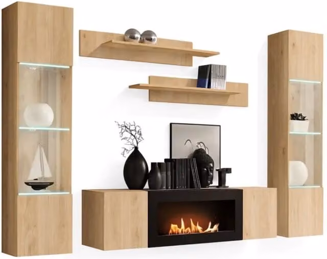 Composizione murale FLY Meublorama in Rovere chiaro con vetrine LED, scaffali e mobile TV con camino bio-etanolo, L: 260 cm, H: 170 cm, P: 40 cm