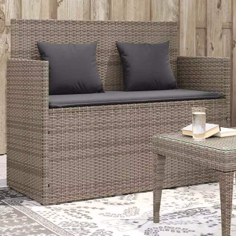 vidaXL Panca da Giardino Moderna in Polyrattan Grigia con Cuscini e Braccioli L: 120 cm, H: 90,5 cm, P: 50 cm