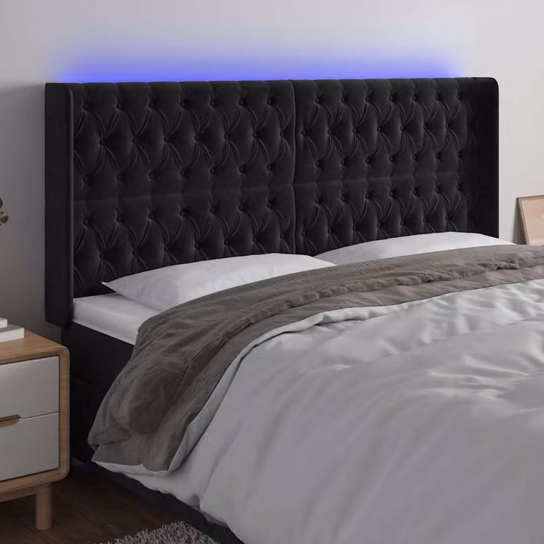 Testiera con LED e porta USB vidaXL in velluto nero, L: 183 cm, P: 16 cm, H: 118/128 cm