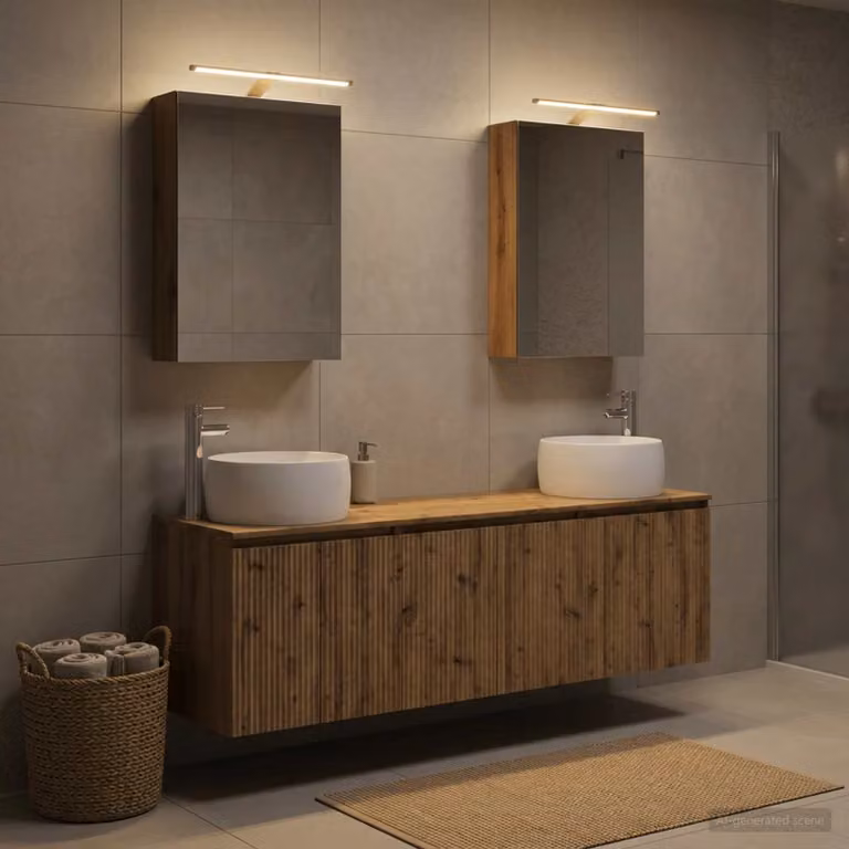 Set di 5 mobili da bagno moderni vidaXL in legno marrone con illuminazione LED e specchio