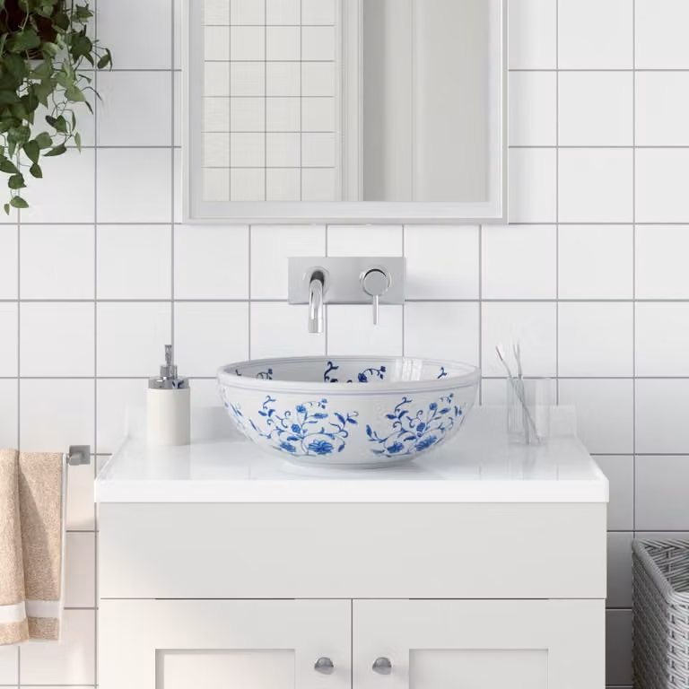 Lavabo da appoggio rotondo vidaXL in ceramica bianco e blu Diametro: 41 cm, Altezza: 14 cm