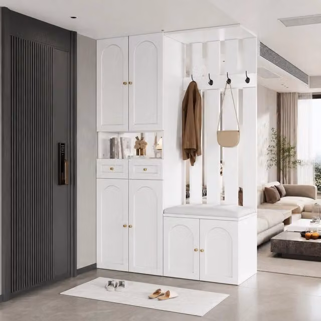 Set di mobili da ingresso Mivray moderno in legno bianco con panca, scarpiera con 6 ante, 2 cassetti e appendiabiti con 4 ganci, L/P/H: 110 x 37 x 180 cm