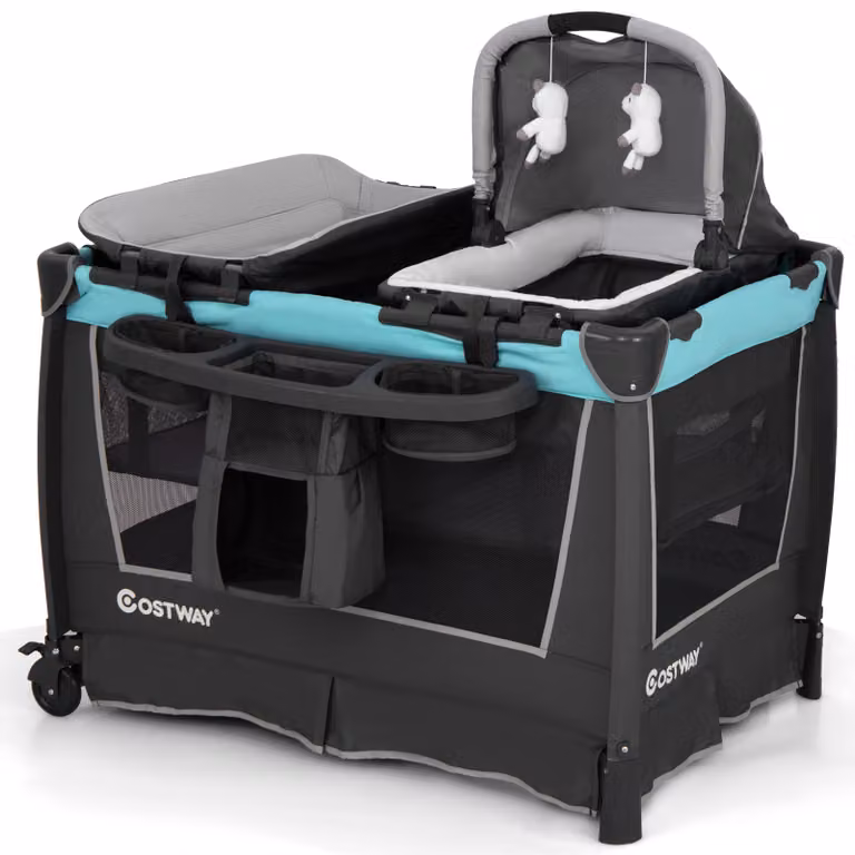 Costway Lettino viaggio 5 in 1 pieghevole con culla removibile, fasciatoio, materasso, box per bambini, ripiano portaoggetti e ruote bloccabili, Verde