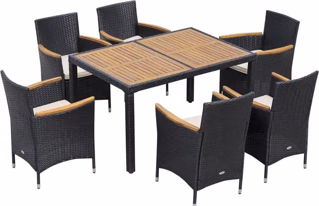 Set da giardino Outsunny composto da 7 pezzi in rattan e legno di acacia con cuscini morbidi, colore nero