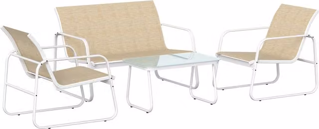 Set da giardino Outsunny 4 pezzi moderno con divano a 2 posti, poltrone, tavolino in vetro e struttura in metallo, beige e bianco