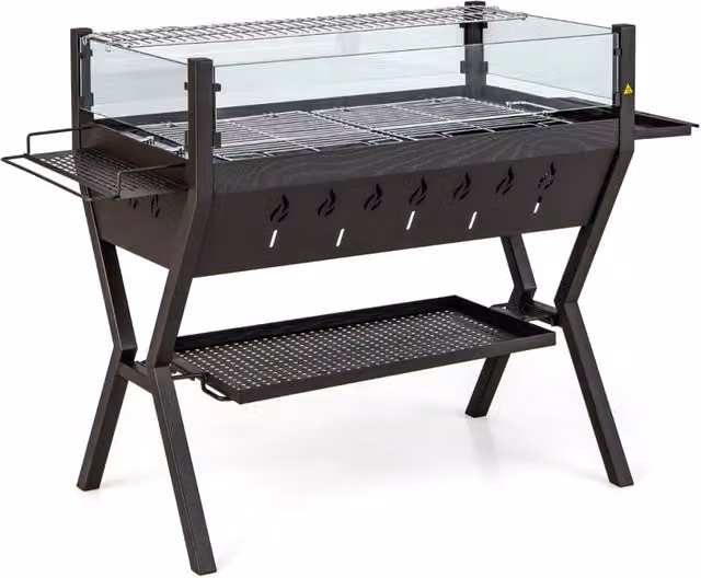 Barbecue a carbone Design Mania in acciaio inossidabile con protezione antivento e ripiani per condimenti, Colore Marrone e Nero
