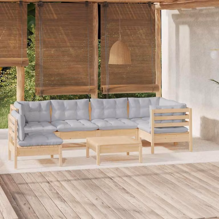Set di divani da giardino vidaXL a forma di L composto da 7 pezzi in legno massello di pino con cuscini grigi
