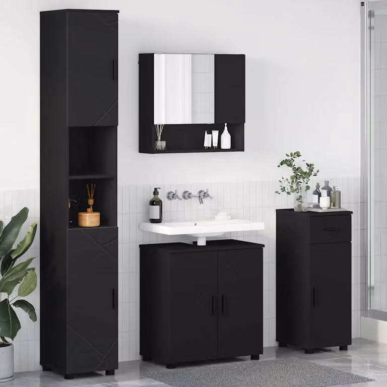 Set di mobili per il bagno moderno vidaXL composto da 4 pezzi in nero e marrone, L/P/H: 61 x 35 x 64 cm