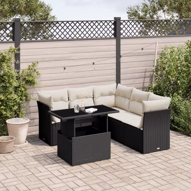 Set Divano da Giardino vidaXL 6 pz a L con Cuscini, Nero e Bianco, in Polyrattan con Tavolino e Struttura in Acciaio Verniciato a Polvere