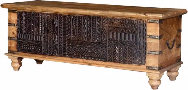 Cassapanca in legno di mango massello intagliato stile etnico colori marrone e beige