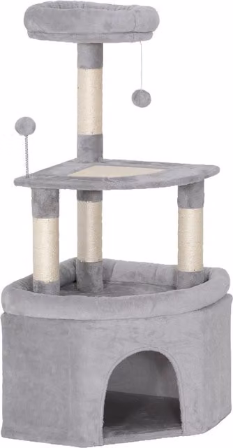 Albero tiragraffi per gatti Aosom con palo in sisal, piattaforma e rifugio, Grigio chiaro, L 49 x P 49 x H 114 cm