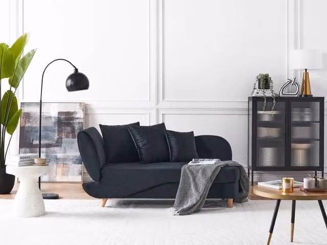 Chaise longue BELIANI in velluto nero con contenitore e funzione letto, design moderno a forma di L con lato sinistro, L/P/H: 155 x 69 x 76 cm