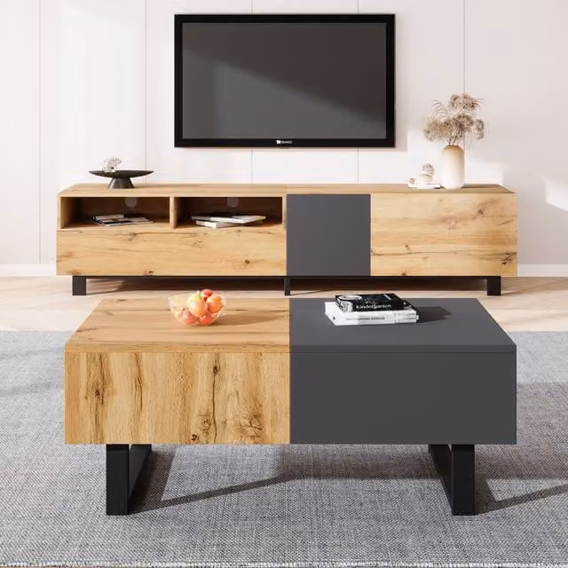 Tavolino da Salotto Moderno Rettangolare GL Store in Metallo e Legno, Colore Marrone e Beige, L/P/H: 155 x 55 x 22 cm