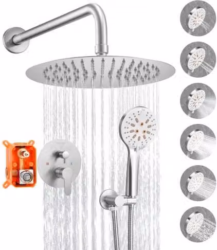 Set Doccia a Pioggia VEVOR con Soffione Tondo e Doccetta, Sistema a Parete con Colonna Rigida e Valvola in Ottone, Finitura Nichel Spazzolato Argento